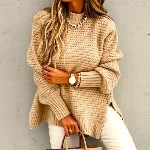 KHAKI CAMEL MOCK NECK KNIT SWEATER LOOSE WEAVE LONG RIBBED CUFFS SLITS O… - Picture 1 of 1